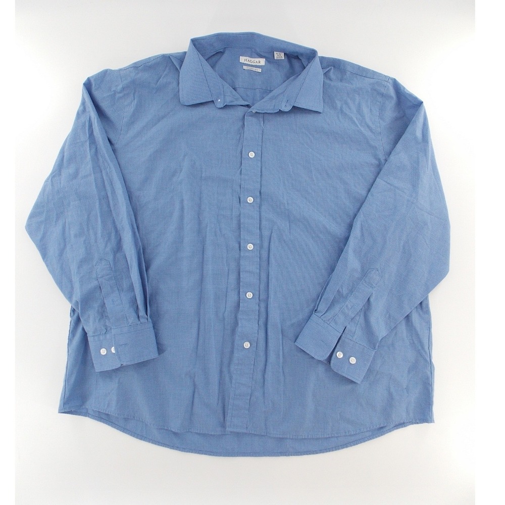 Haggar Button Down Shirt Classic Fit Men‎ 18-18.5 34/35 Blue Check Long Sleeve
